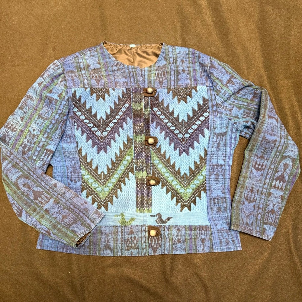 Woven Patterned Blue Brown Ethnic Jacket Women's Medium‎